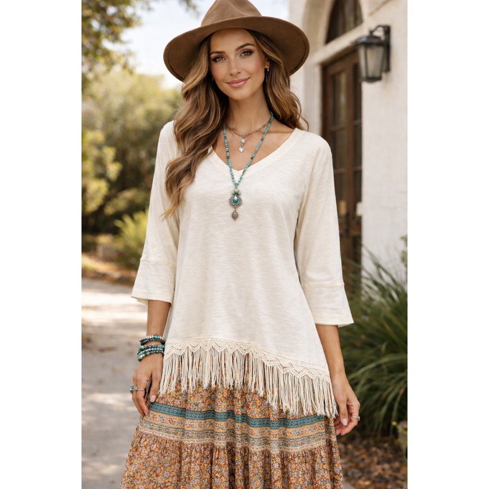 NEW‎ Sundance Camilia Cream V-neck Small 3/4 Sleeves Fringe Cotton Boho India